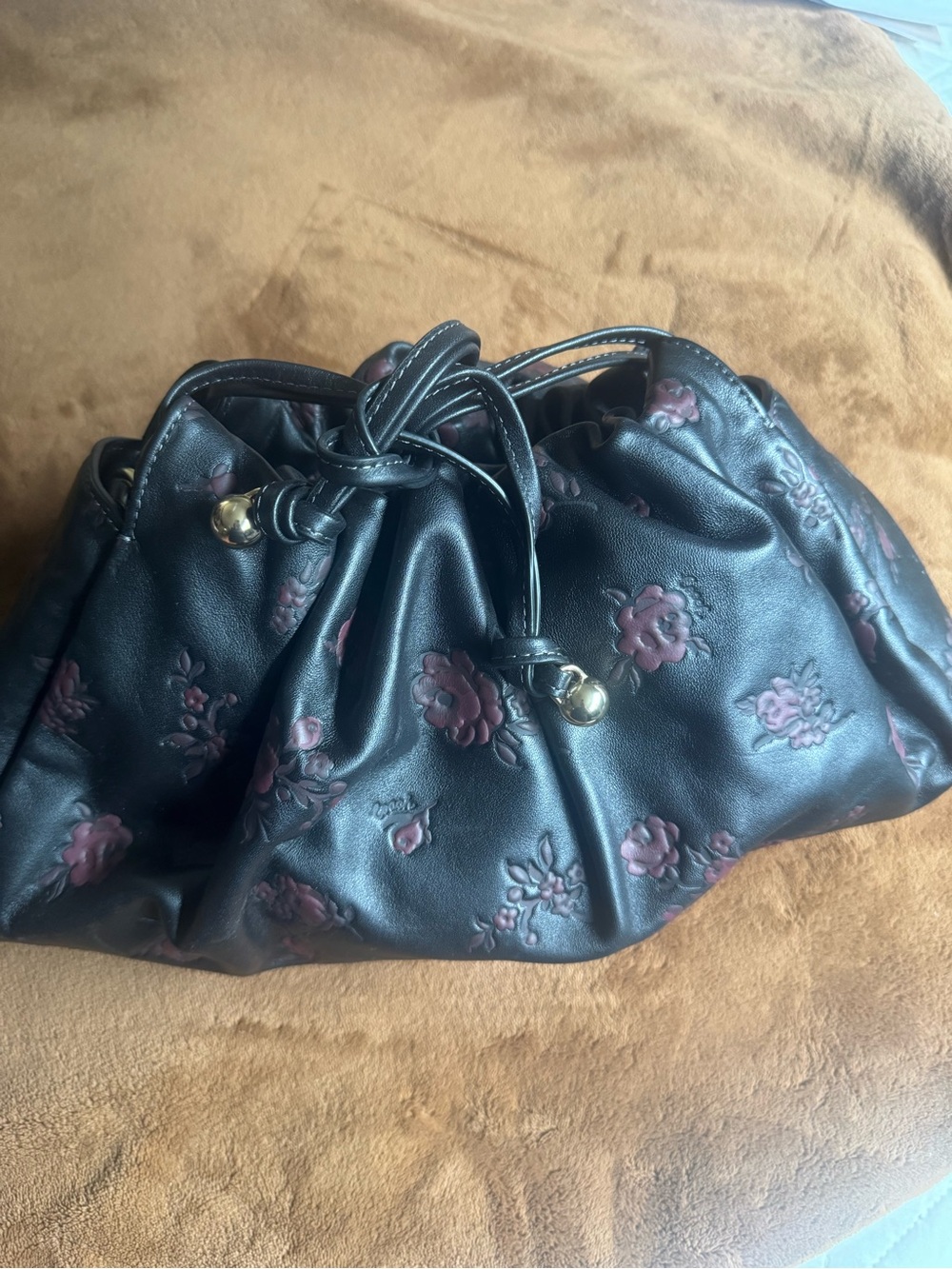 Authentic Coach FAYE Black Floral-Embossed Leather Drawstring Shoulder Bag